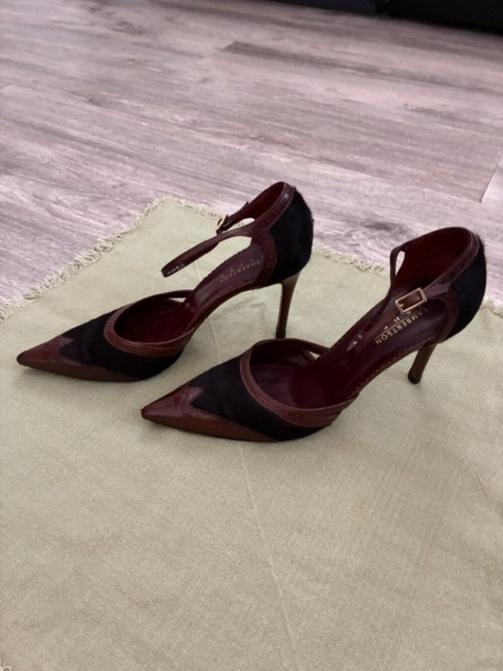 Lambertson Truex Chocolate Brown Leather Horsehair Ankle Strap Stilettos - RARE - Picture 4 of 7